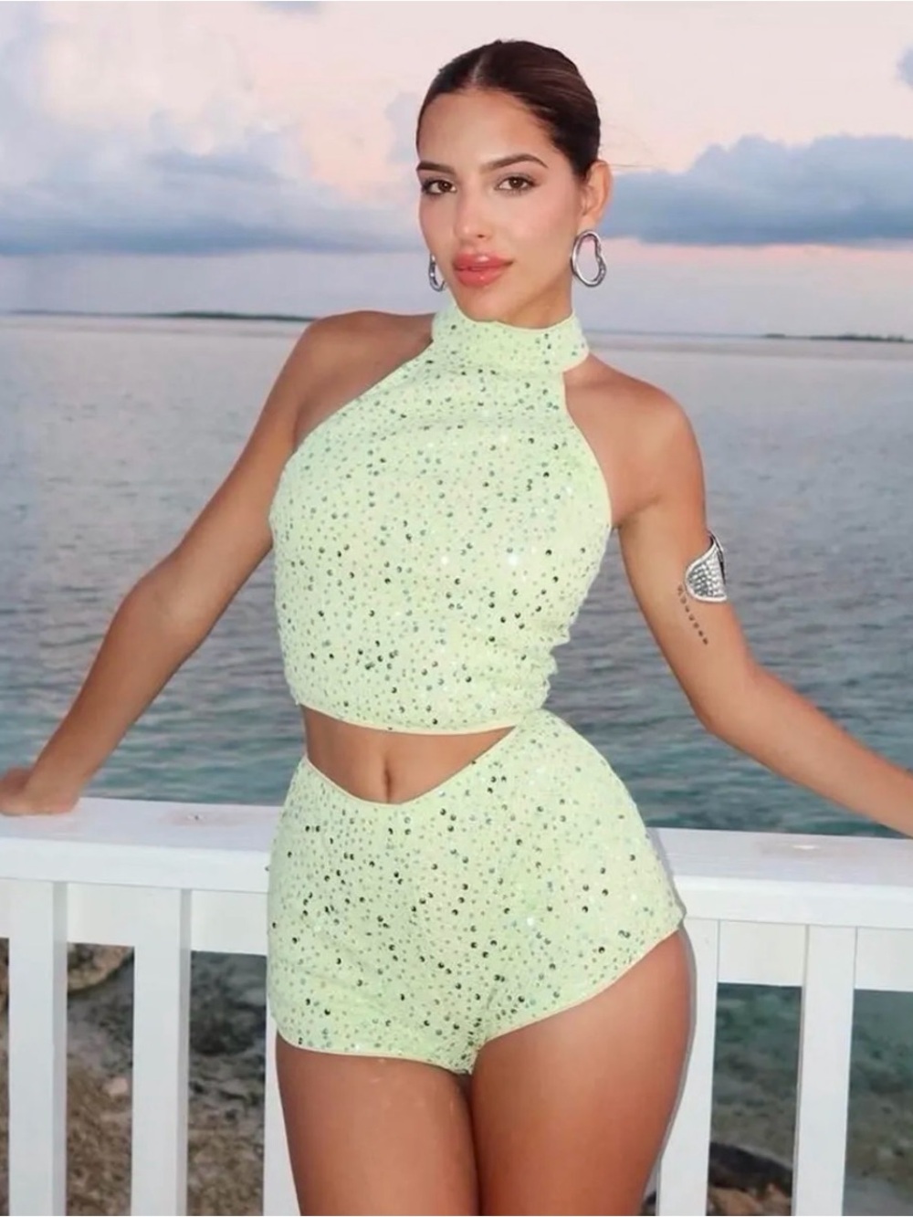 SHEIN sequin green top and short set